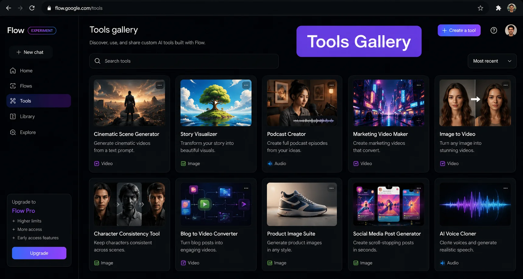 What is Google Flow Tools explained 2026 showing the Tools gallery and custom workflow builder