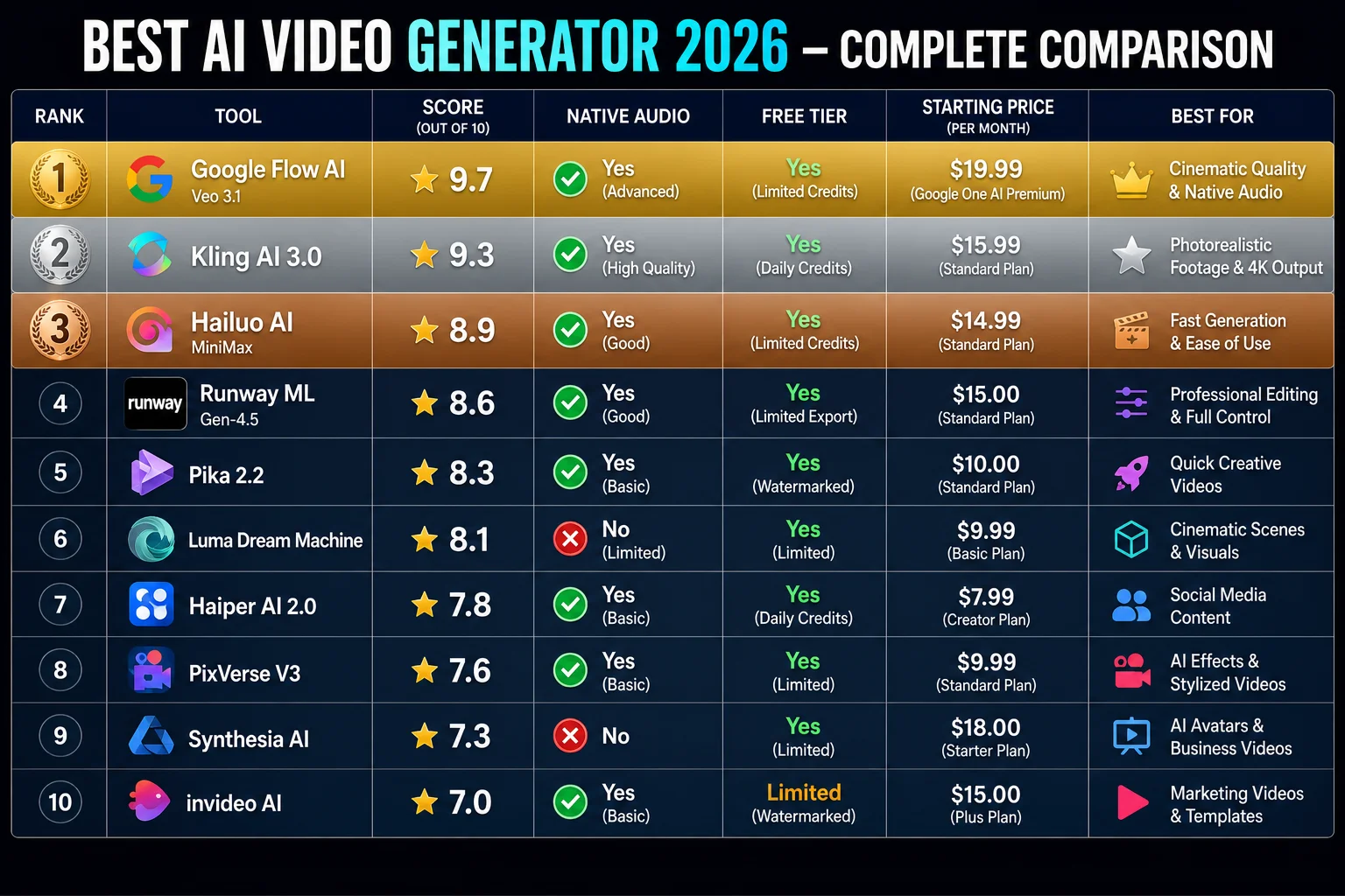 Best AI video generator 2026 comparison table showing all 10 tools ranked by quality audio pricing and features