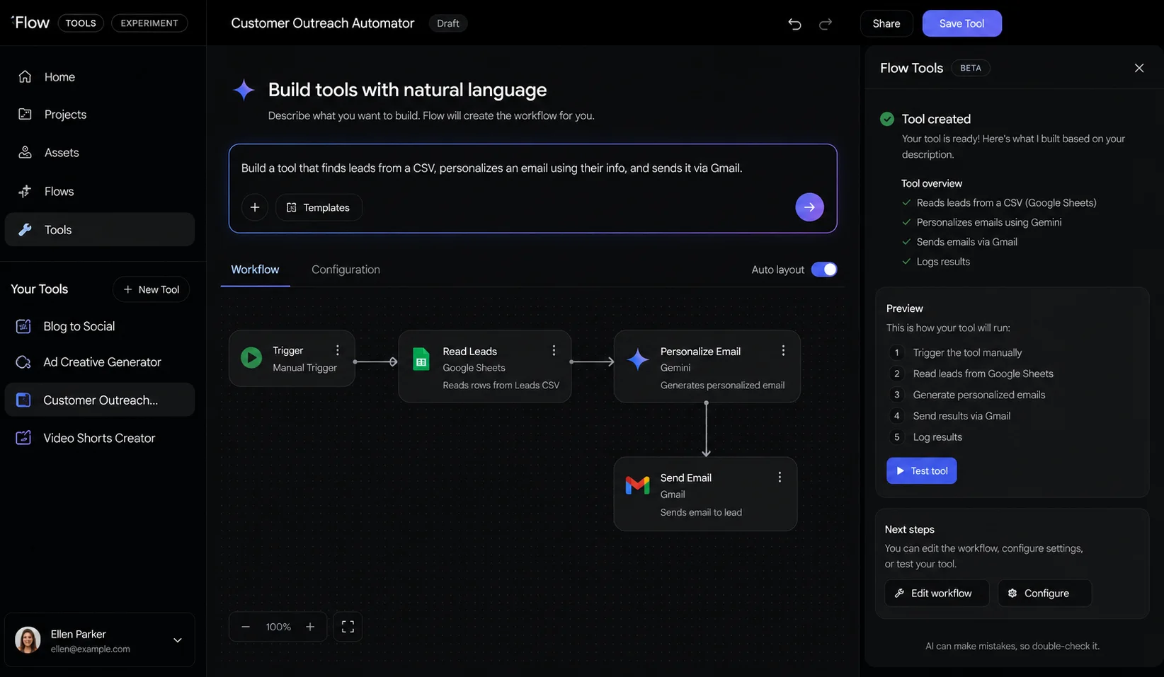 Google Flow Tools natural language workflow builder interface June 2026