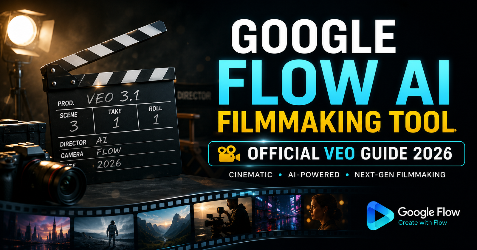 Google Flow AI filmmaking tool Veo guide 2026 showing cinematic video production workflow