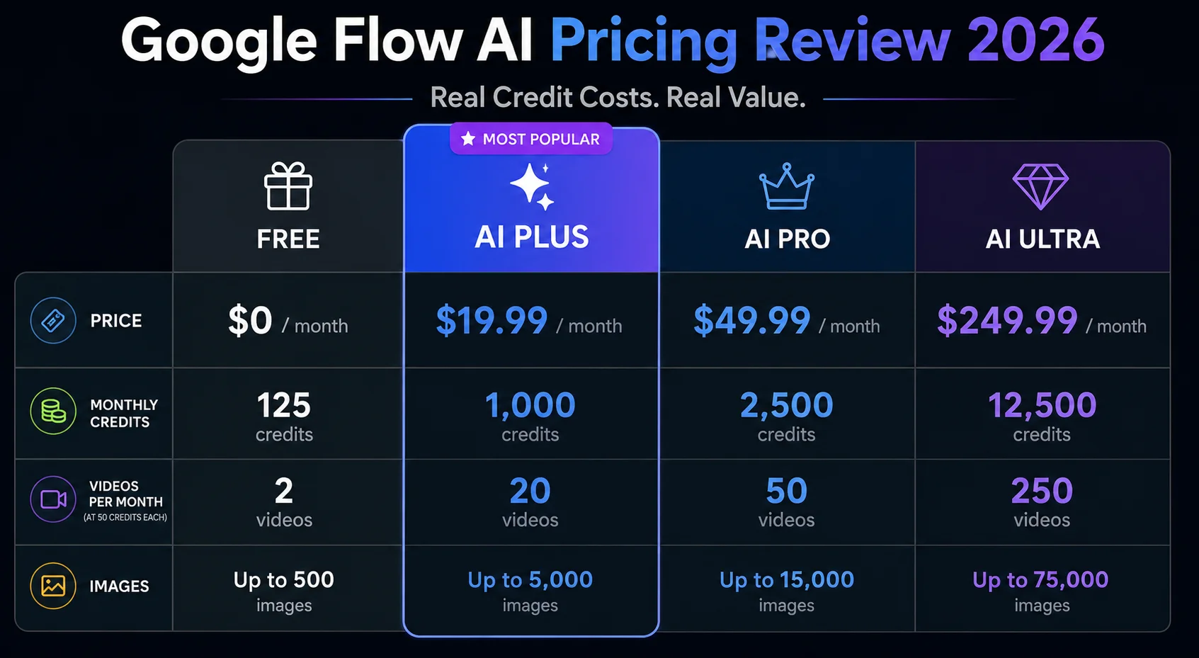 Google Flow AI pricing review 2026 showing free Pro Plus and Ultra tiers with real credit costs