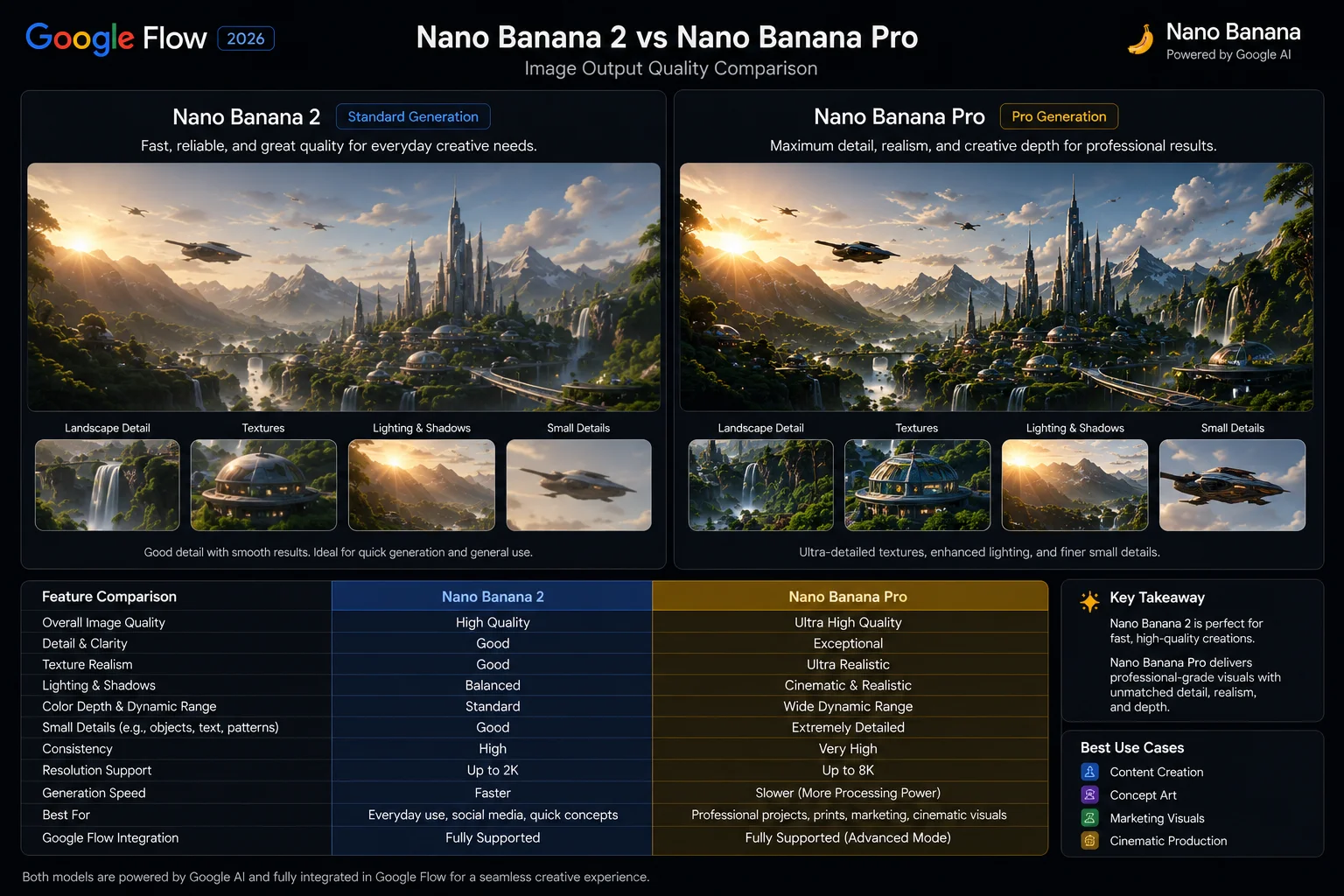 Side by side comparison of Nano Banana 2 versus Nano Banana Pro image output quality Google Flow 2026
