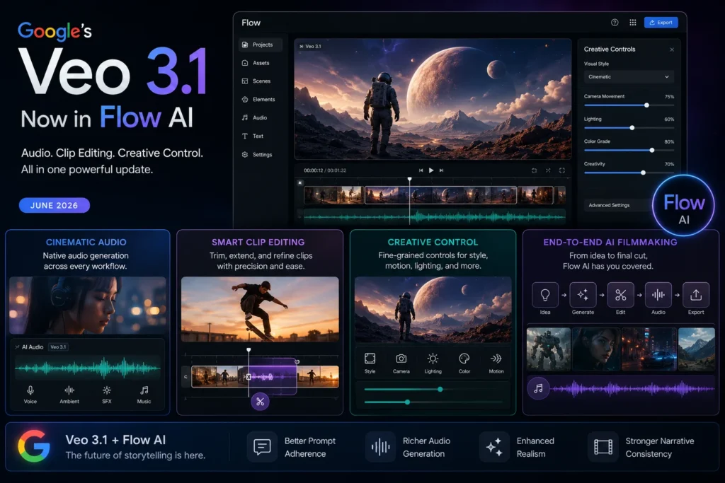 Veo 3.1 update 2026 showing new editing features inside Google Flow AI