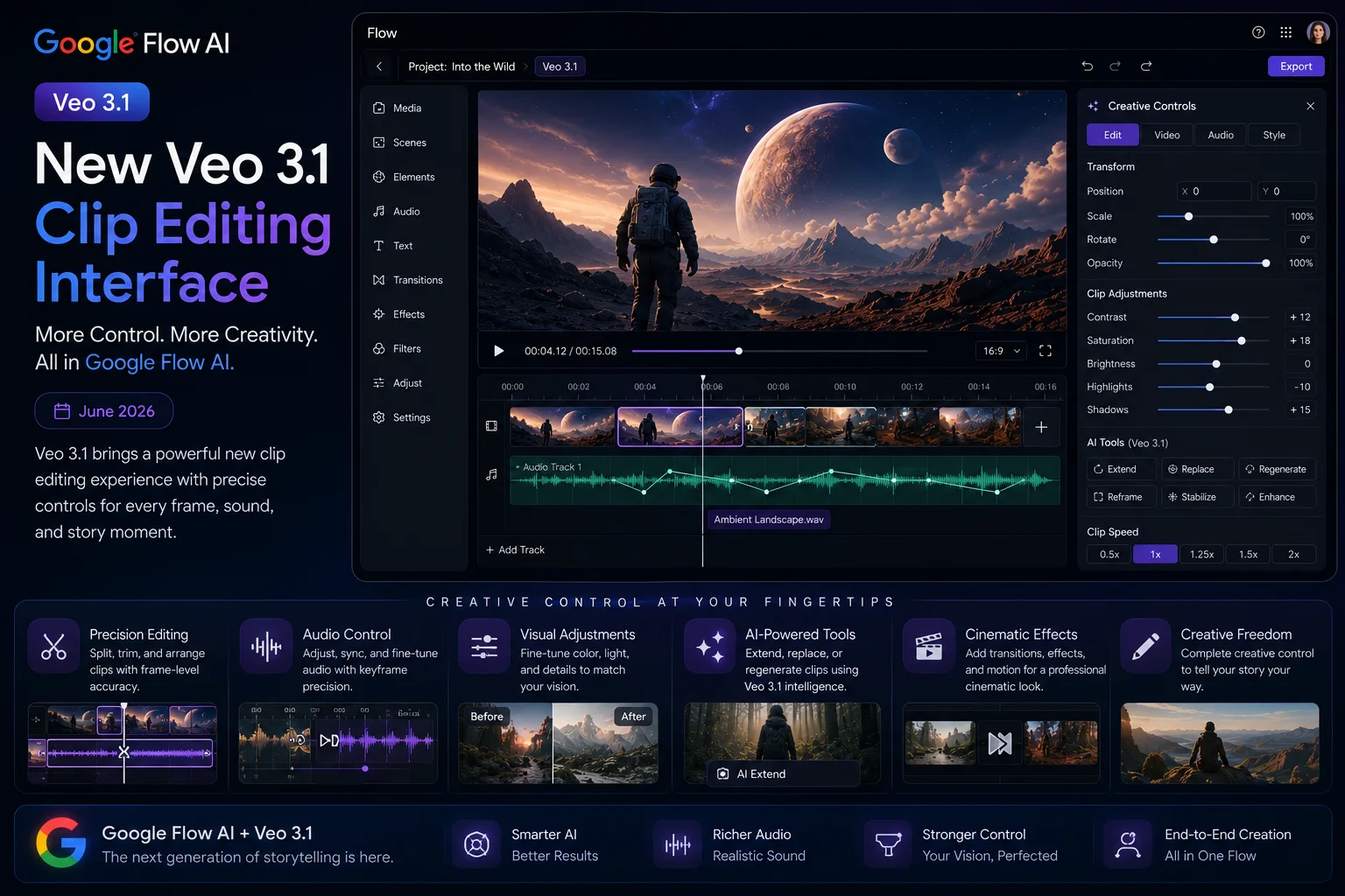 New Veo 3.1 clip editing interface inside Google Flow AI showing creative control options
