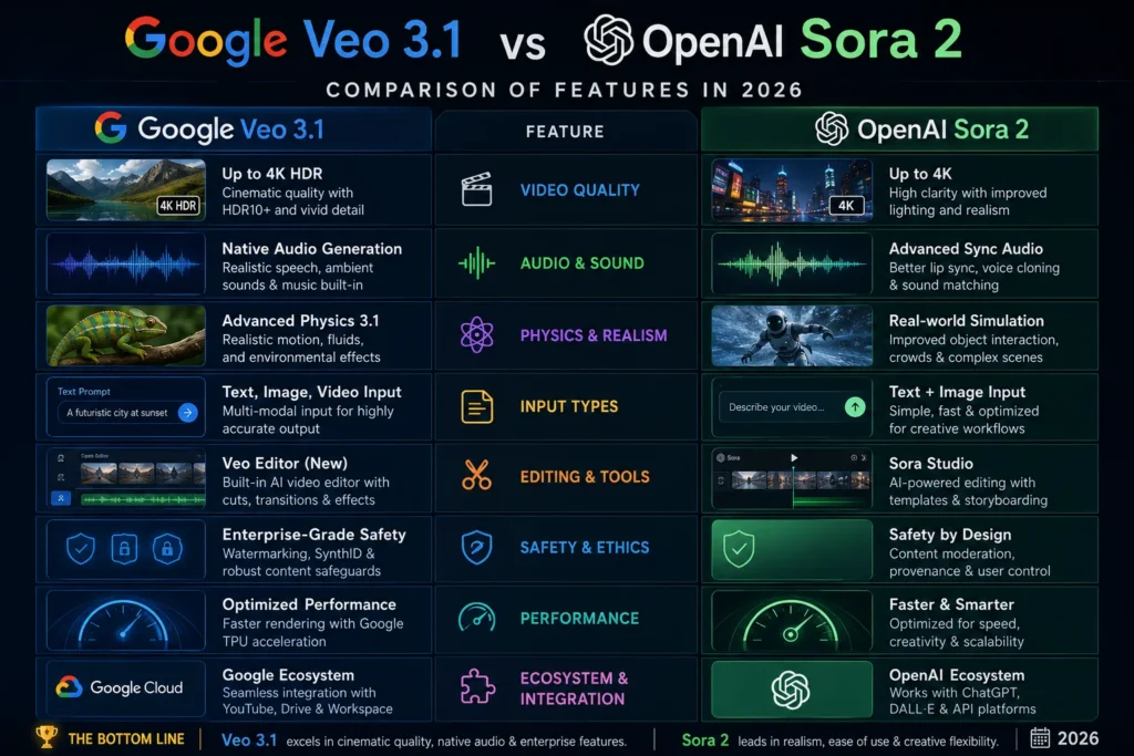 Google Veo 3.1 vs OpenAI Sora 2 comparison showing feature differences in 2026