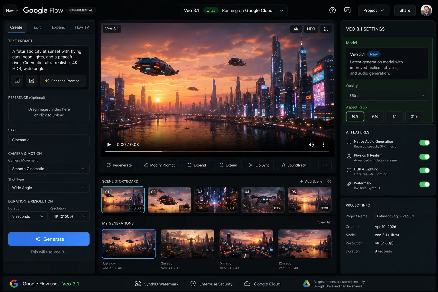Google Veo 3.1 running inside Google Flow AI interface showing video generation in 2026