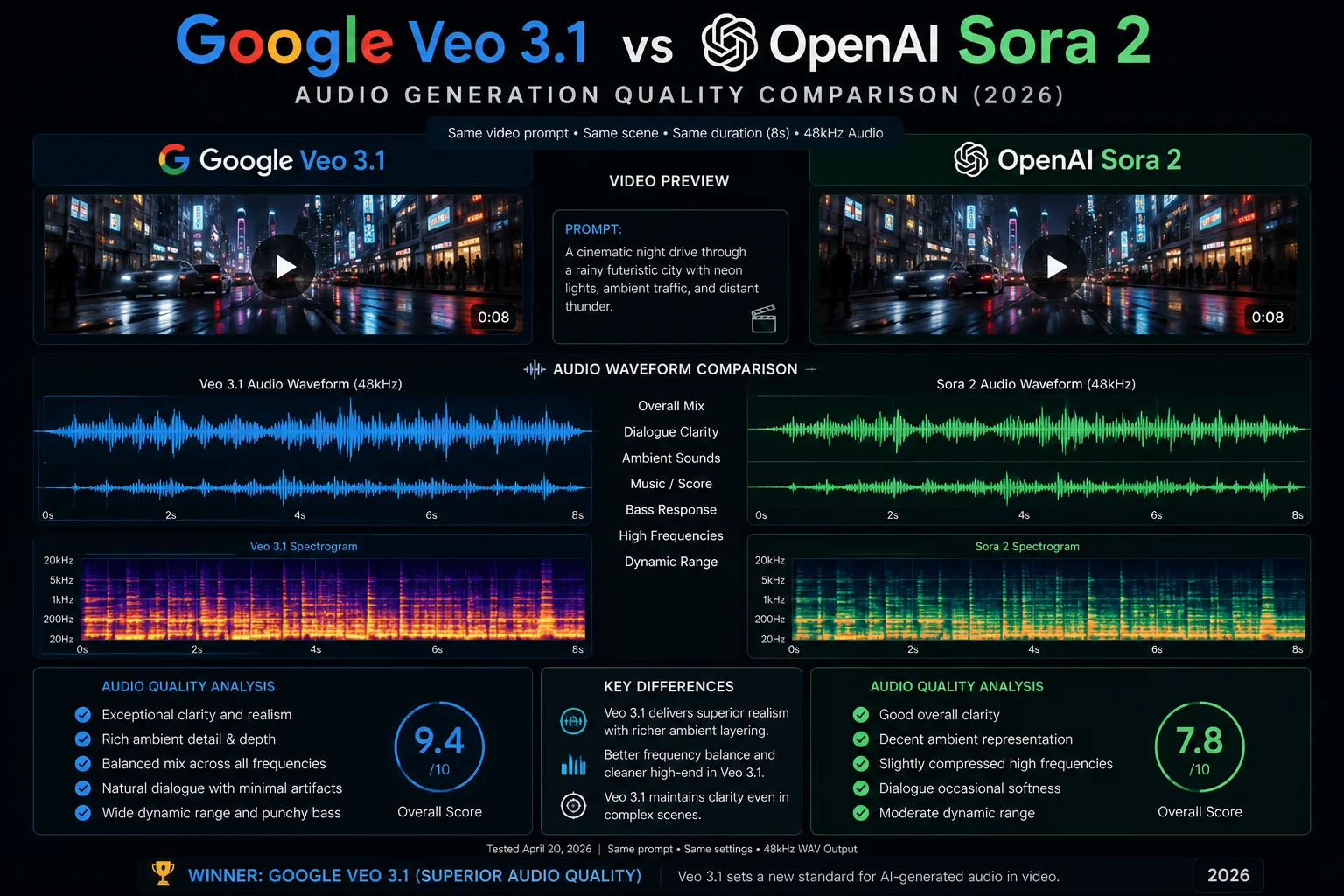 Comparison of Veo 3.1 and Sora 2 audio generation quality showing waveforms side by side 2026