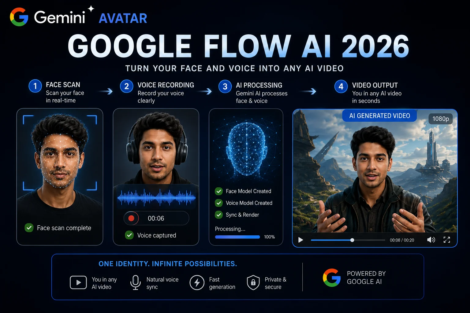 Gemini Avatar Google Flow AI 2026 showing face scan voice recording and video output process