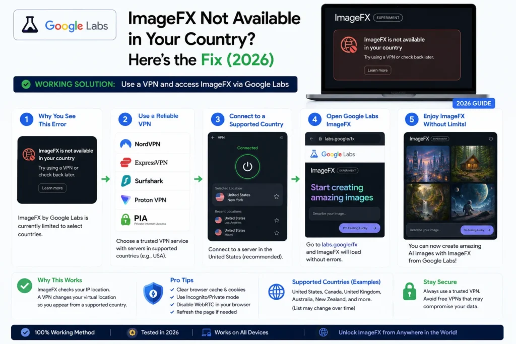 ImageFX not available in your country error message fix 2026 Google Labs