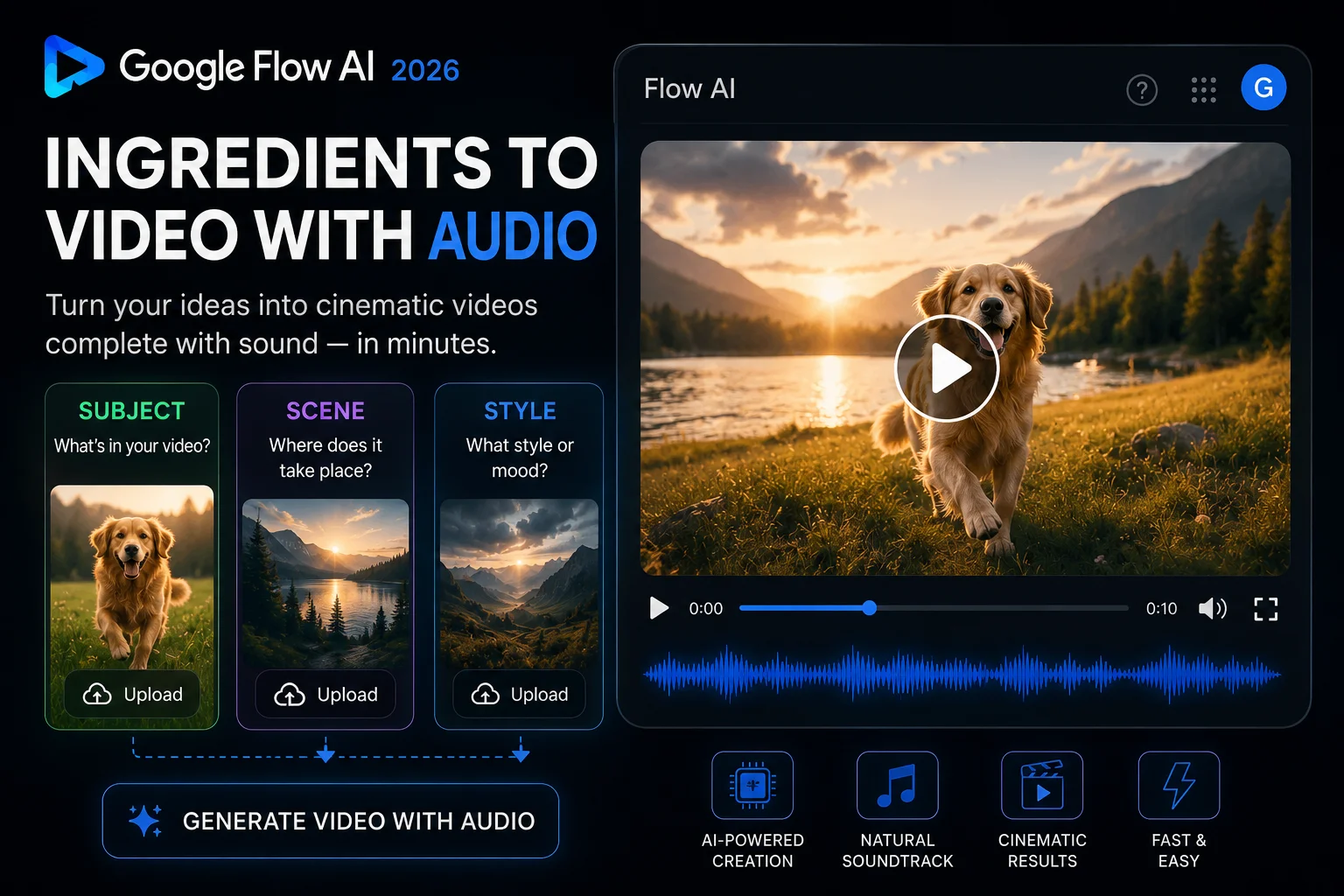 Ingredients to Video with Audio showing Subject Scene Style upload in Google Flow AI 2026
