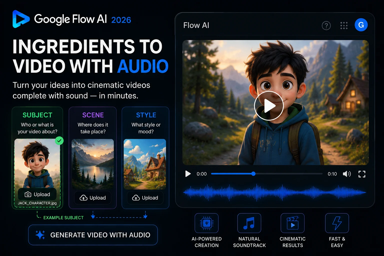 Google Flow AI Subject upload slot in Ingredients to Video showing example character photo 2026