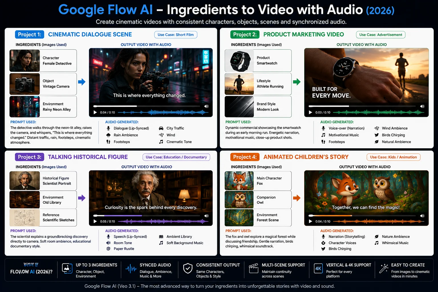 Examples of Ingredients to Video with Audio outputs from Google Flow AI showing different use cases in 2026