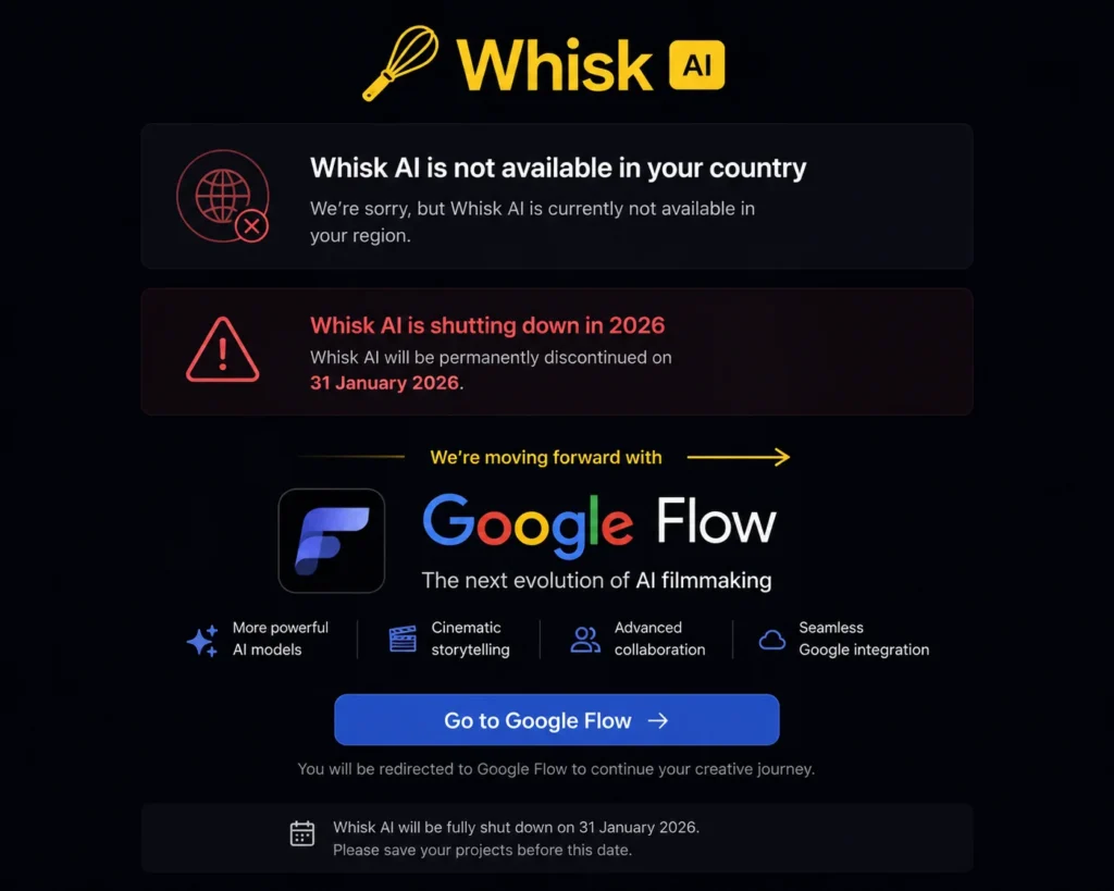 Whisk AI not available in your country error message 2026 showing shutdown and redirect to Google Flow
