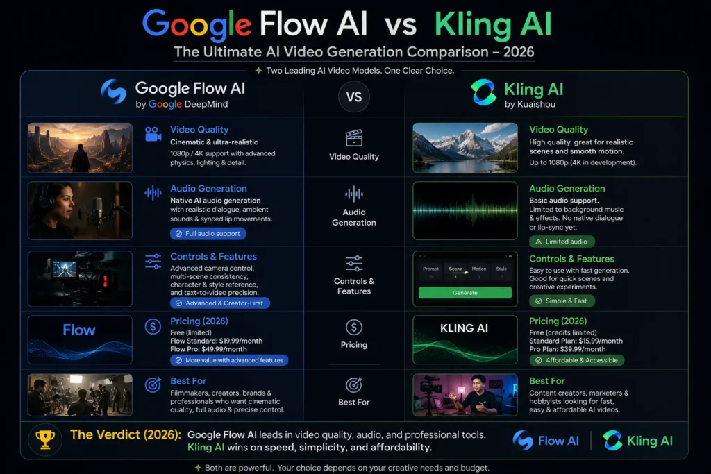 Google Flow AI vs Kling AI 2026 comparison showing video quality audio and pricing differences