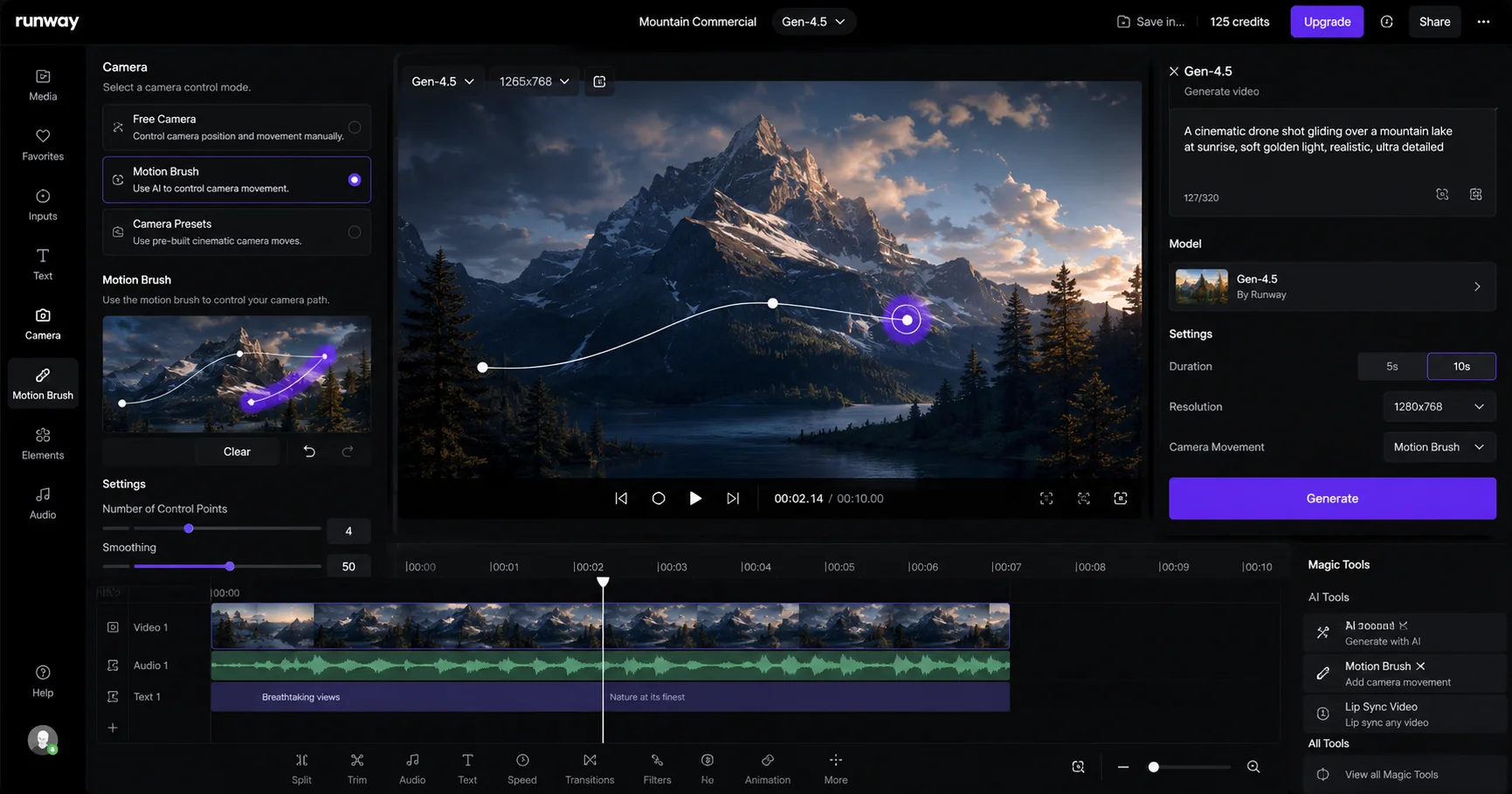 Runway ML Gen 4.5 interface 2026 showing professional video editor with Motion Brush camera controls and timeline