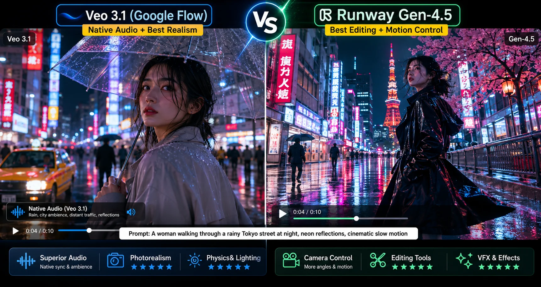 Veo 3.1 vs Runway Gen 4.5 video quality side by side comparison 2026 showing photorealism differences