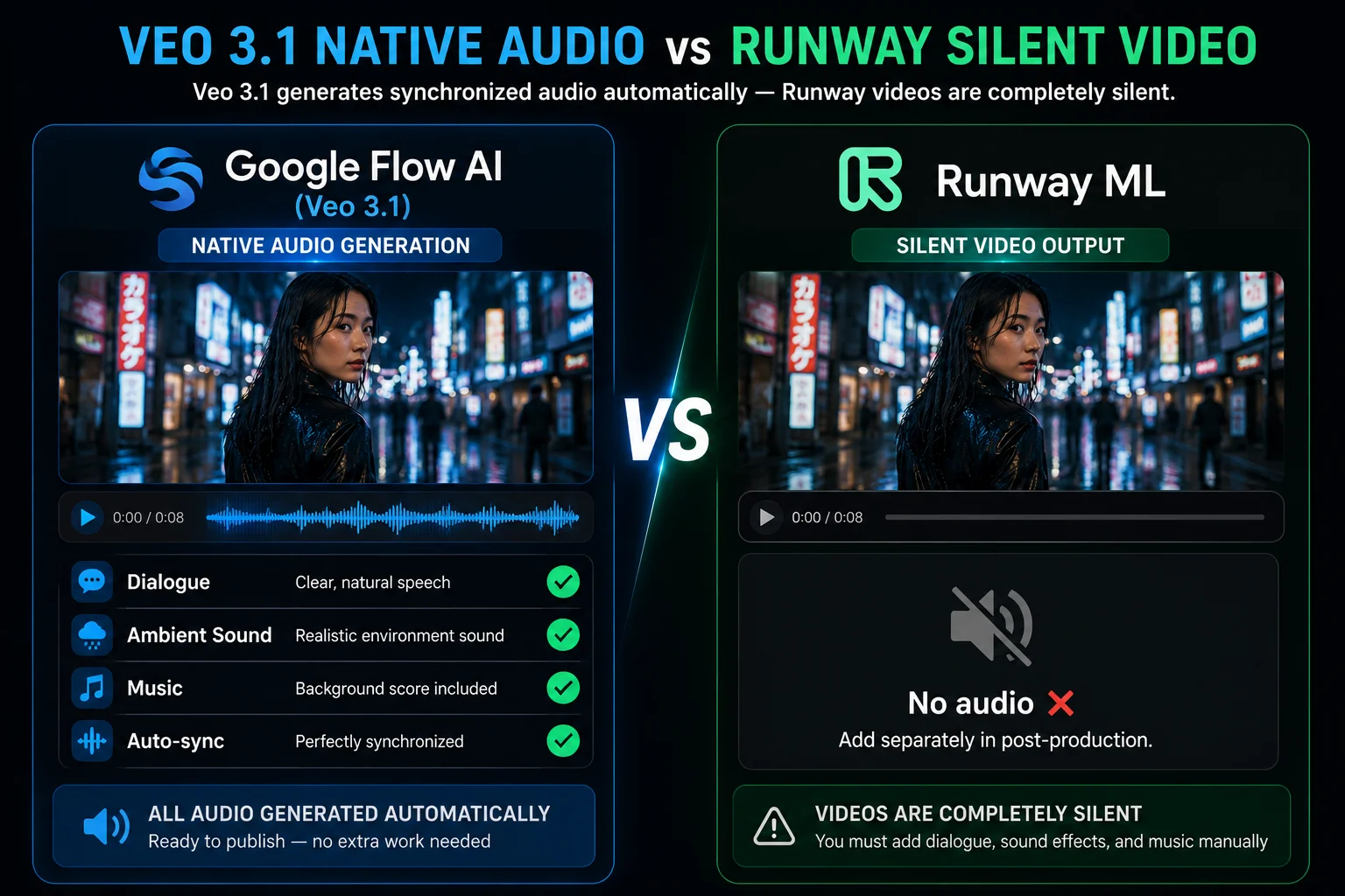 Veo 3.1 native audio generation vs Runway ML silent video comparison 2026 showing audio waveform