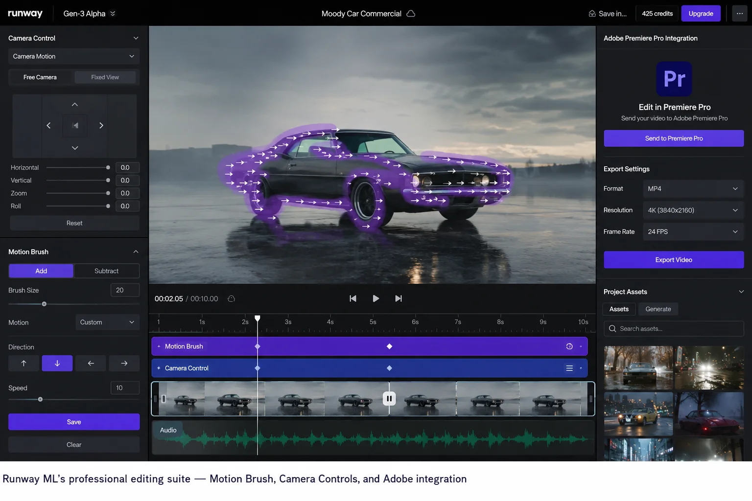 Runway ML editing tools 2026 showing Motion Brush camera controls timeline and Adobe Premiere integration