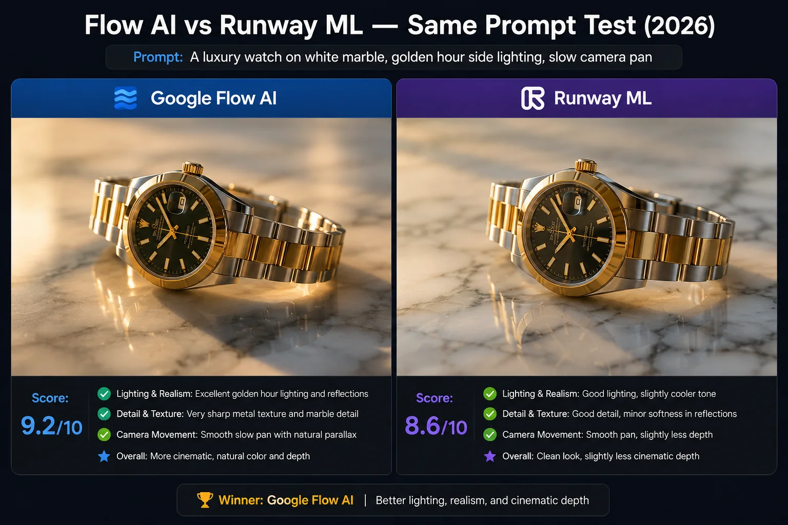 Google Flow AI vs Runway ML same prompt test 2026 showing visual comparison of identical prompts