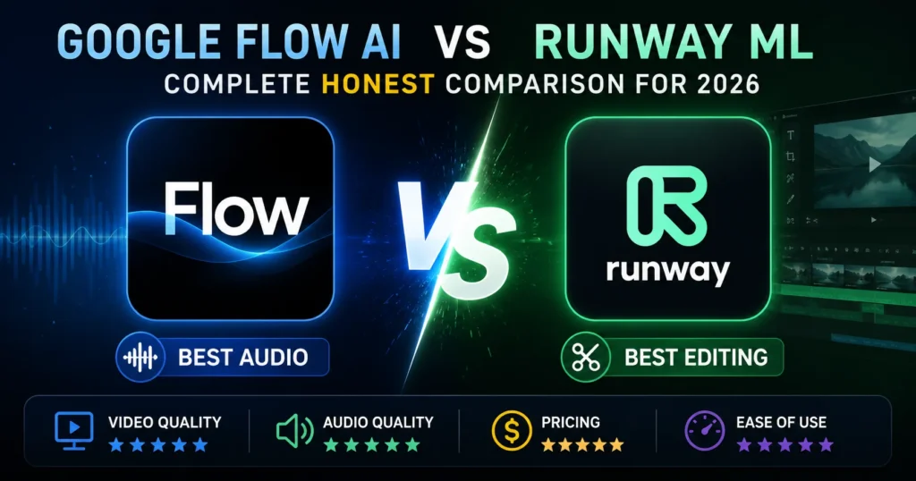 Google Flow AI vs Runway ML 2026 comparison showing video quality audio and pricing differences