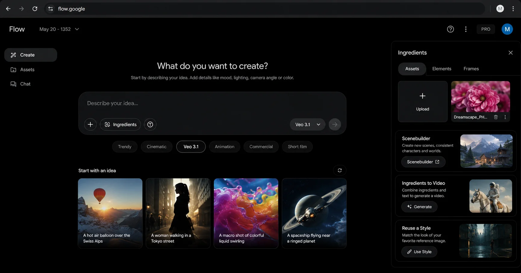 Google Flow AI interface 2026 showing Veo 3.1 video generation with audio Ingredients panel and editing tools