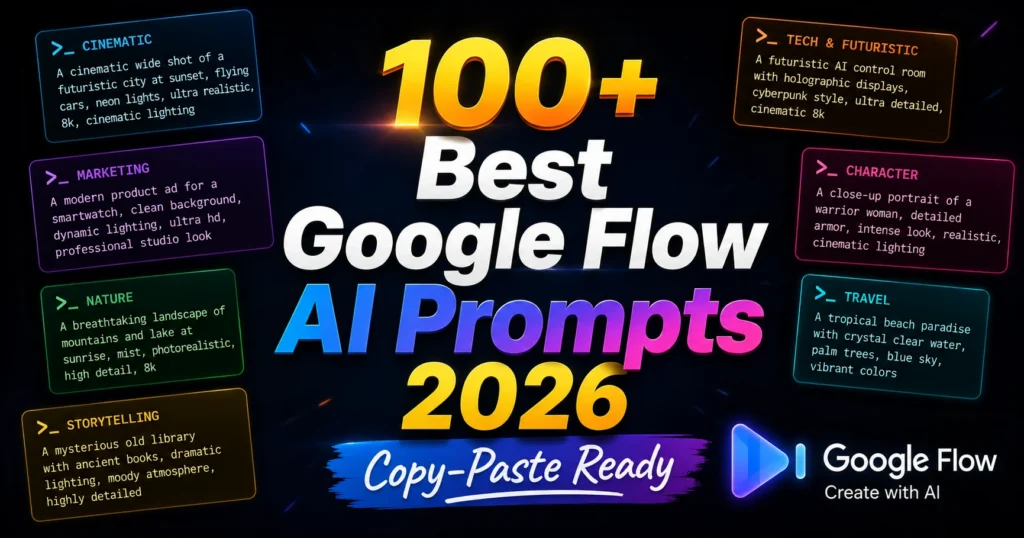 best Google Flow AI prompts 2026 copy paste ready collection for video image and cinematic content