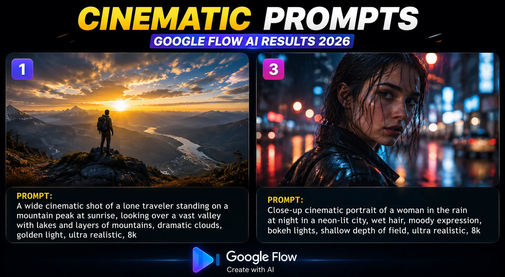 Google Flow AI cinematic video prompt results 2026 showing dramatic landscape and portrait outputs
