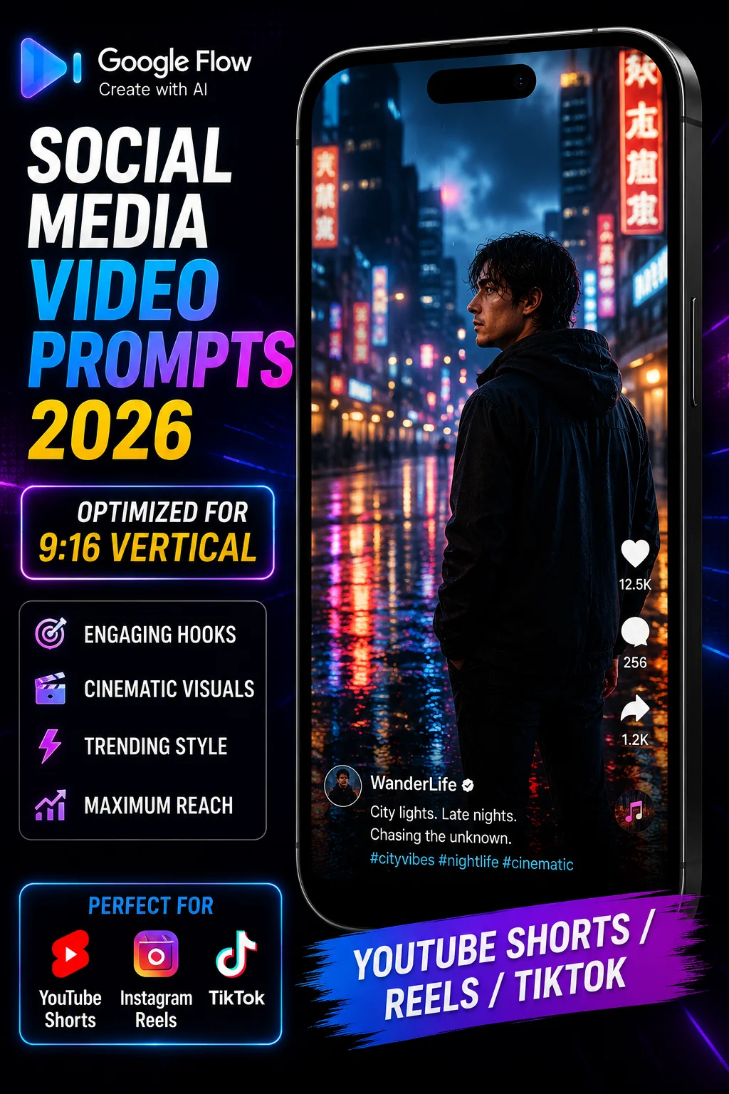 Google Flow AI social media video prompts 2026 showing vertical format outputs for YouTube Shorts Instagram Reels TikTok