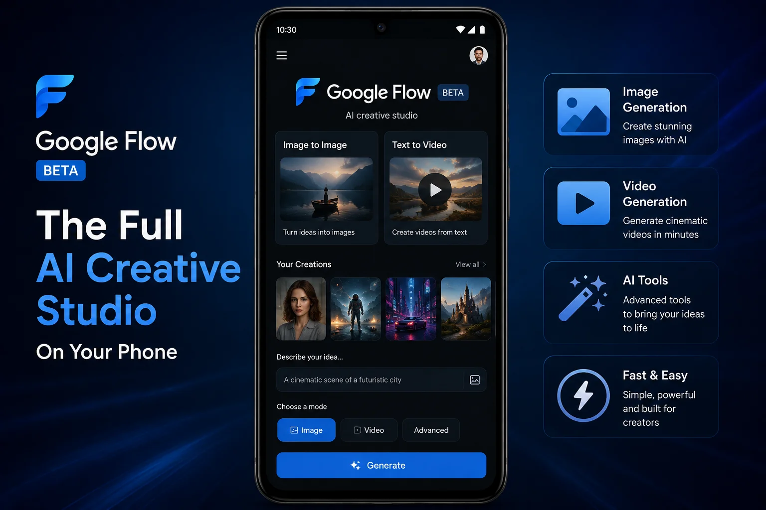 Google Flow Beta app interface 2026 showing image and video generation on Android mobile phone