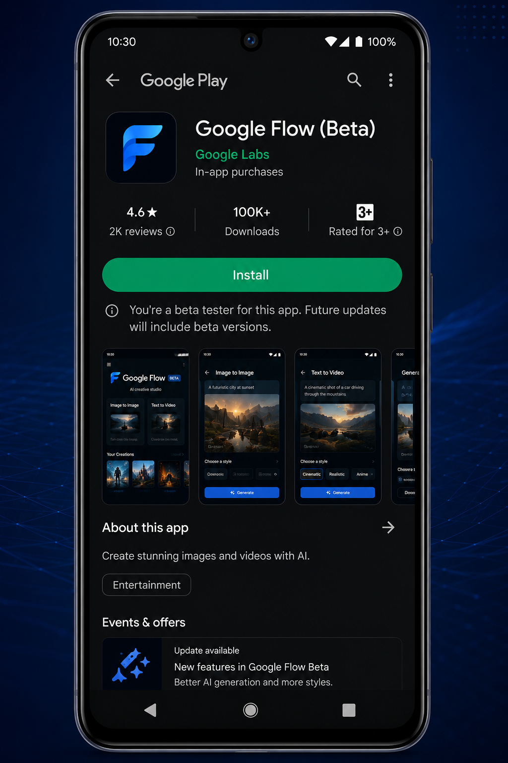 Google Flow Beta Android download Google Play Store 2026 showing app listing and install button
