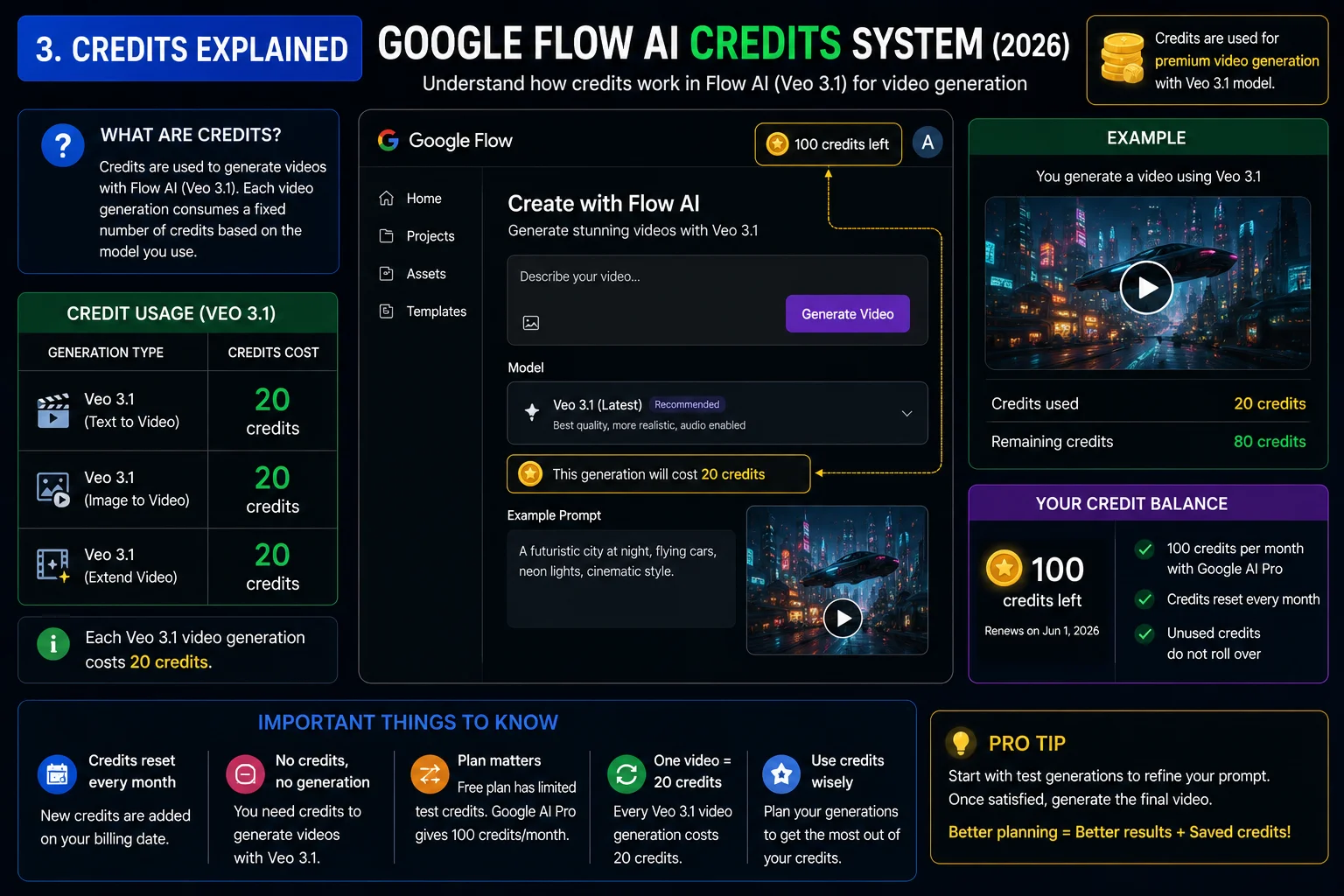 Google Flow AI credits system showing 20 credits per Veo 3.1 video generation