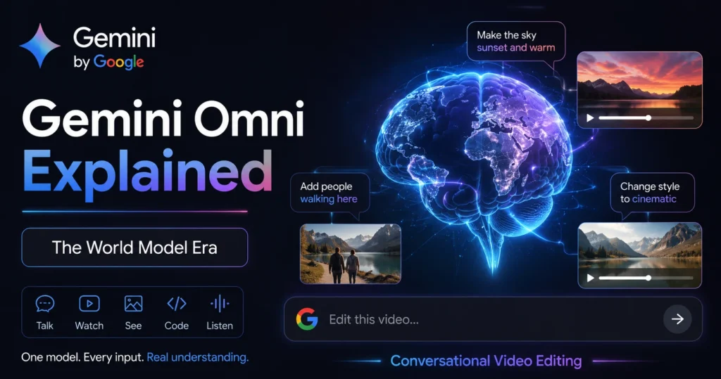 Featured Image: File name: gemini-omni-explained-2026-world-model.webp Alt Text: Gemini Omni explained 2026 showing world model conversational video editing capabilities Caption: Gemini Omni explained — Google's "world model" that edits video through conversation (2026) How to make: Canva 1200x630px — Google Gemini logo with a glowing brain/world icon, title "Gemini Omni Explained", subtitle "The World Model Era". Dark gradient background, futuristic but clean design.