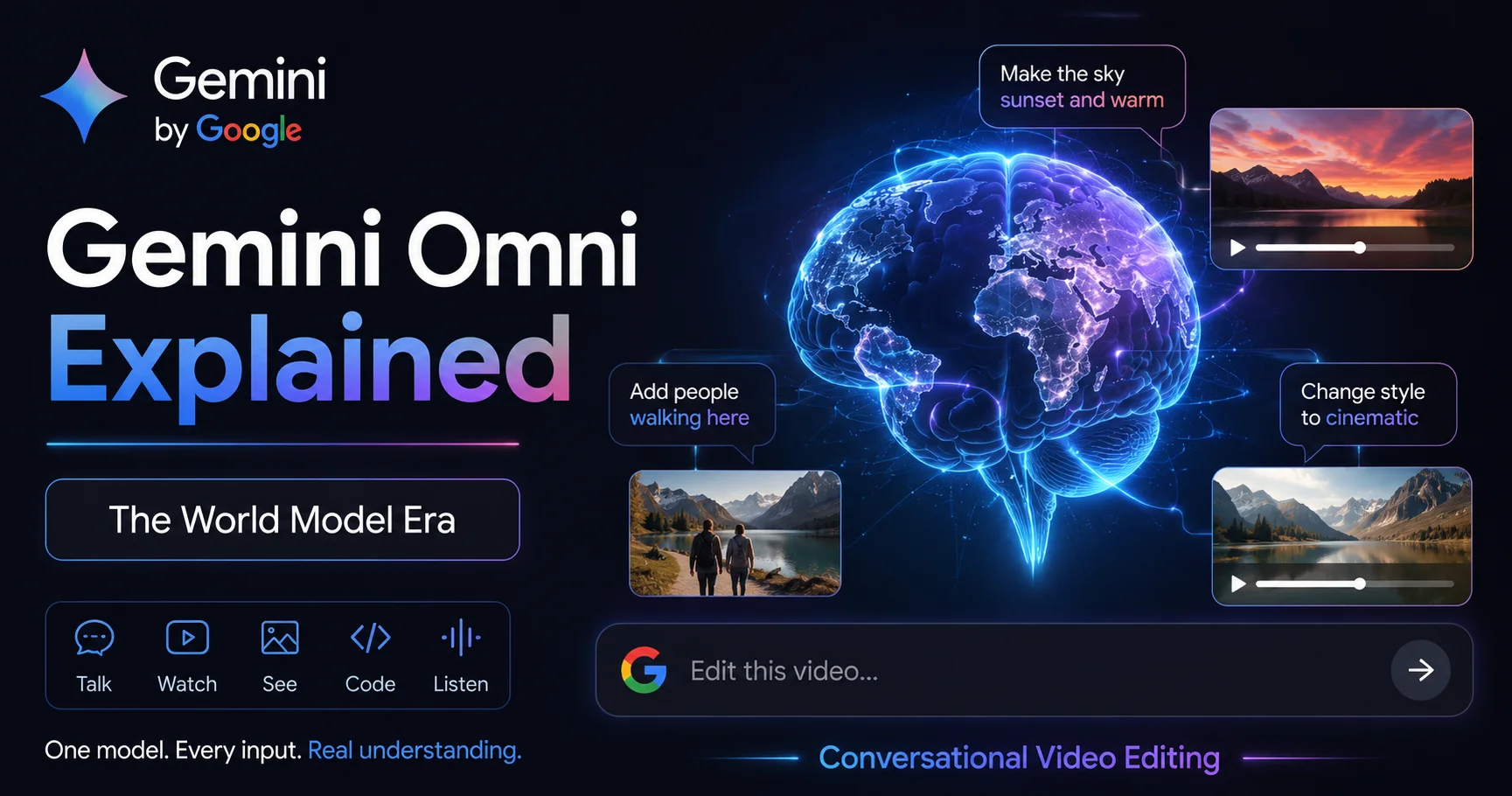 Featured Image: File name: gemini-omni-explained-2026-world-model.webp Alt Text: Gemini Omni explained 2026 showing world model conversational video editing capabilities Caption: Gemini Omni explained — Google's "world model" that edits video through conversation (2026) How to make: Canva 1200x630px — Google Gemini logo with a glowing brain/world icon, title "Gemini Omni Explained", subtitle "The World Model Era". Dark gradient background, futuristic but clean design.