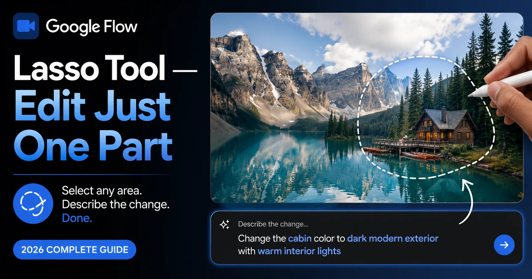 Google Flow AI lasso tool guide 2026 showing freehand selection and natural language editing