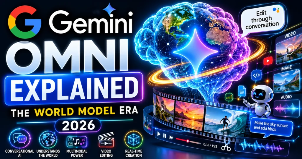 Gemini Omni explained 2026 showing world model conversational video editing capabilities