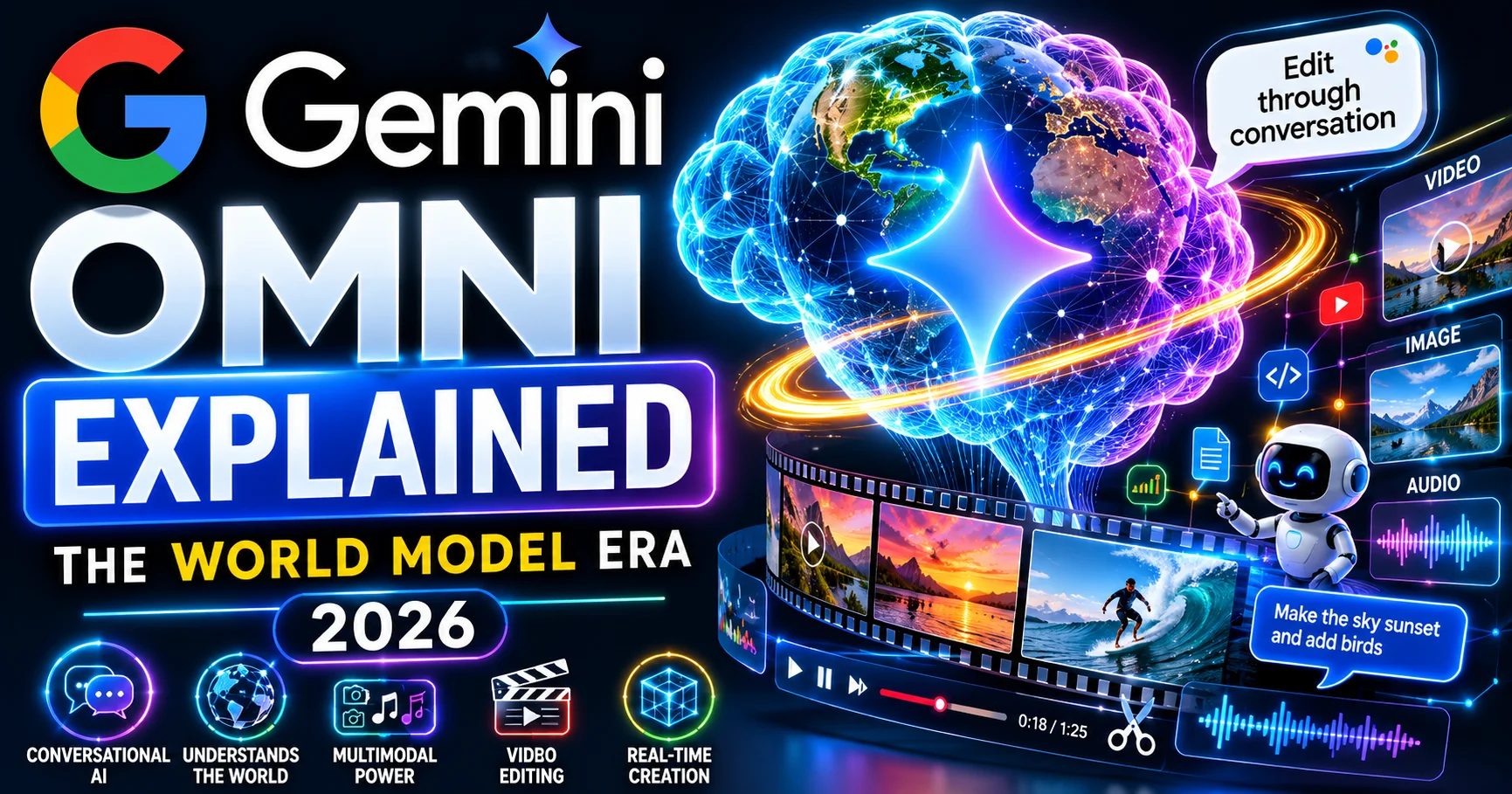 Gemini Omni explained 2026 showing world model conversational video editing capabilities