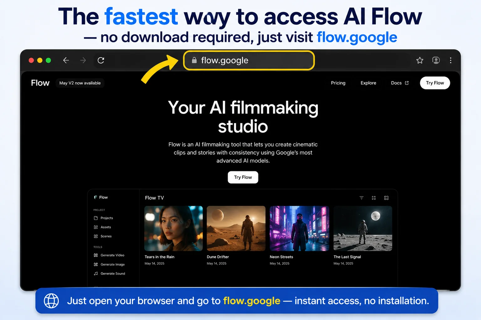 AI Flow download web browser access at flow.google 2026 no installation needed