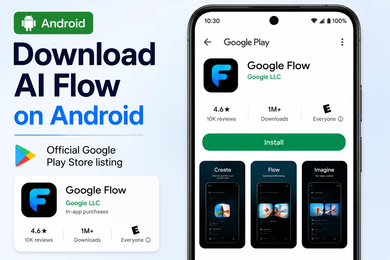 AI Flow download Android Play Store 2026 showing Google Flow app install screen