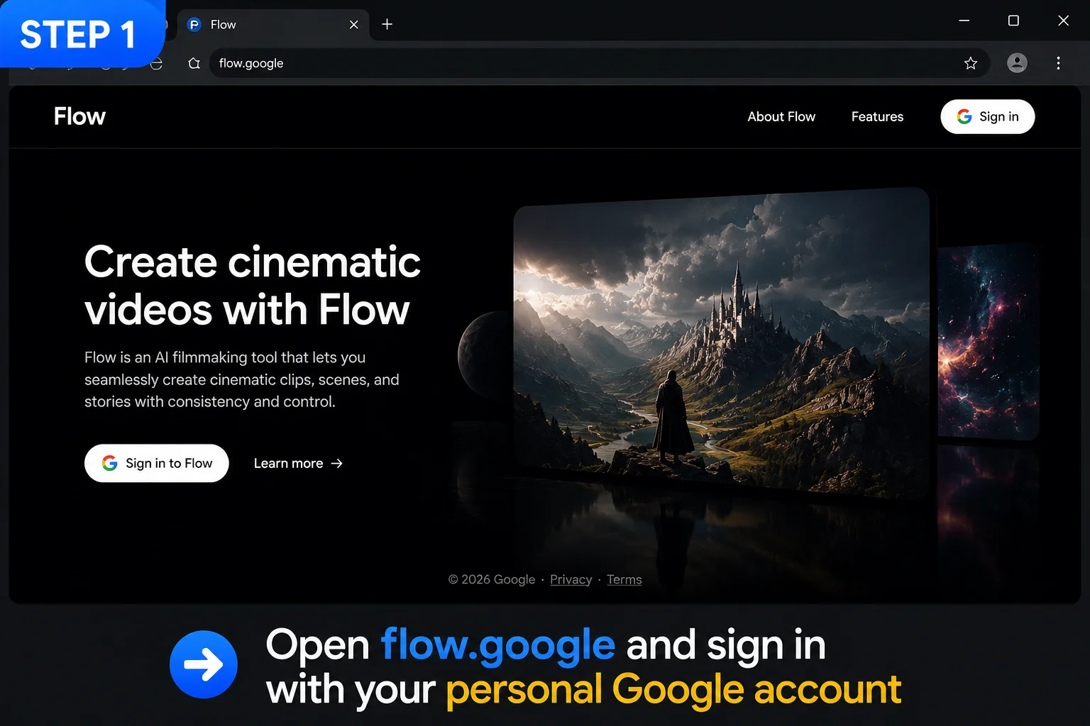 Google Flow video tutorial step 1 showing flow.google homepage and sign in process 2026