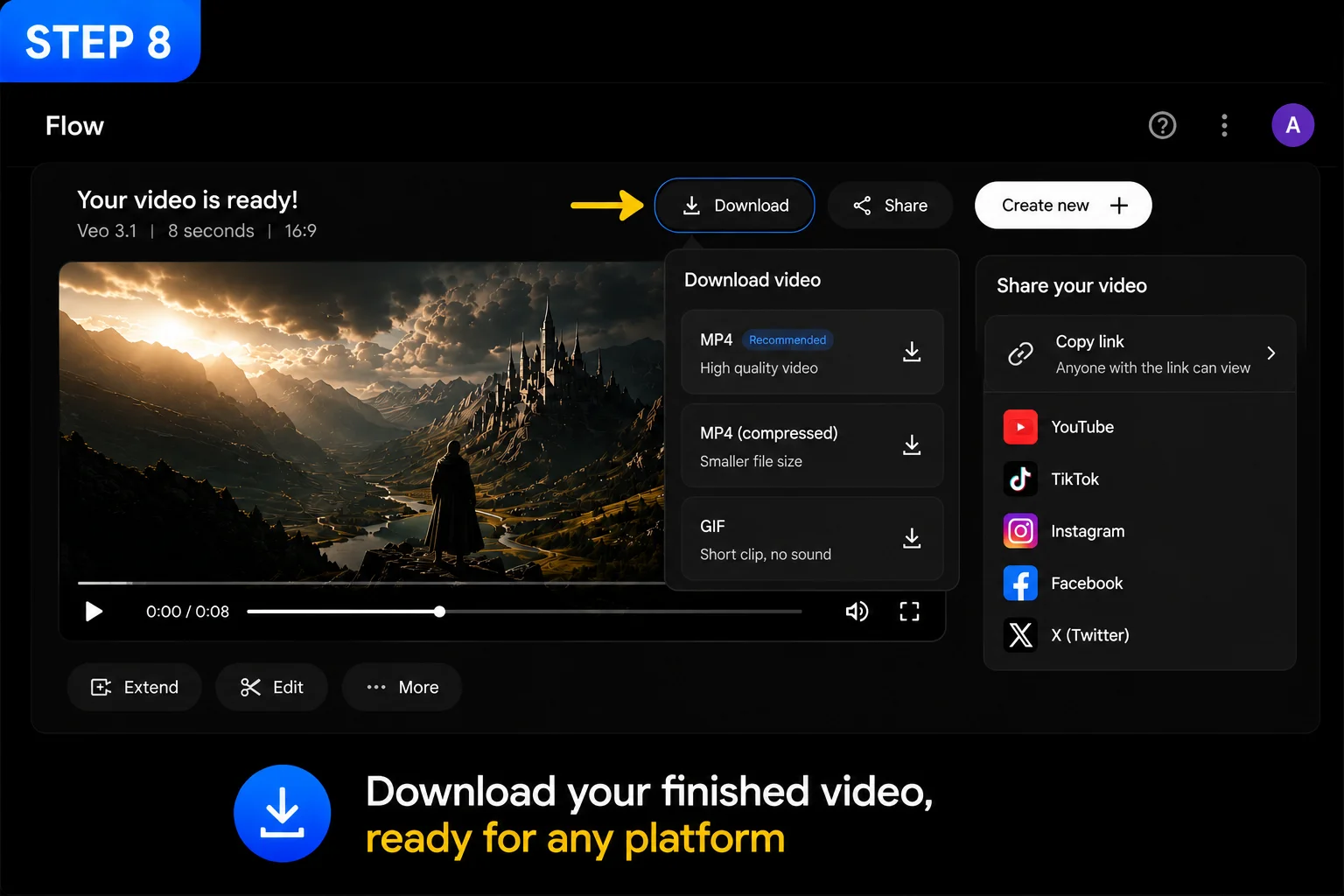 Google Flow video tutorial step 8 showing download button and sharing options for finished video 2026