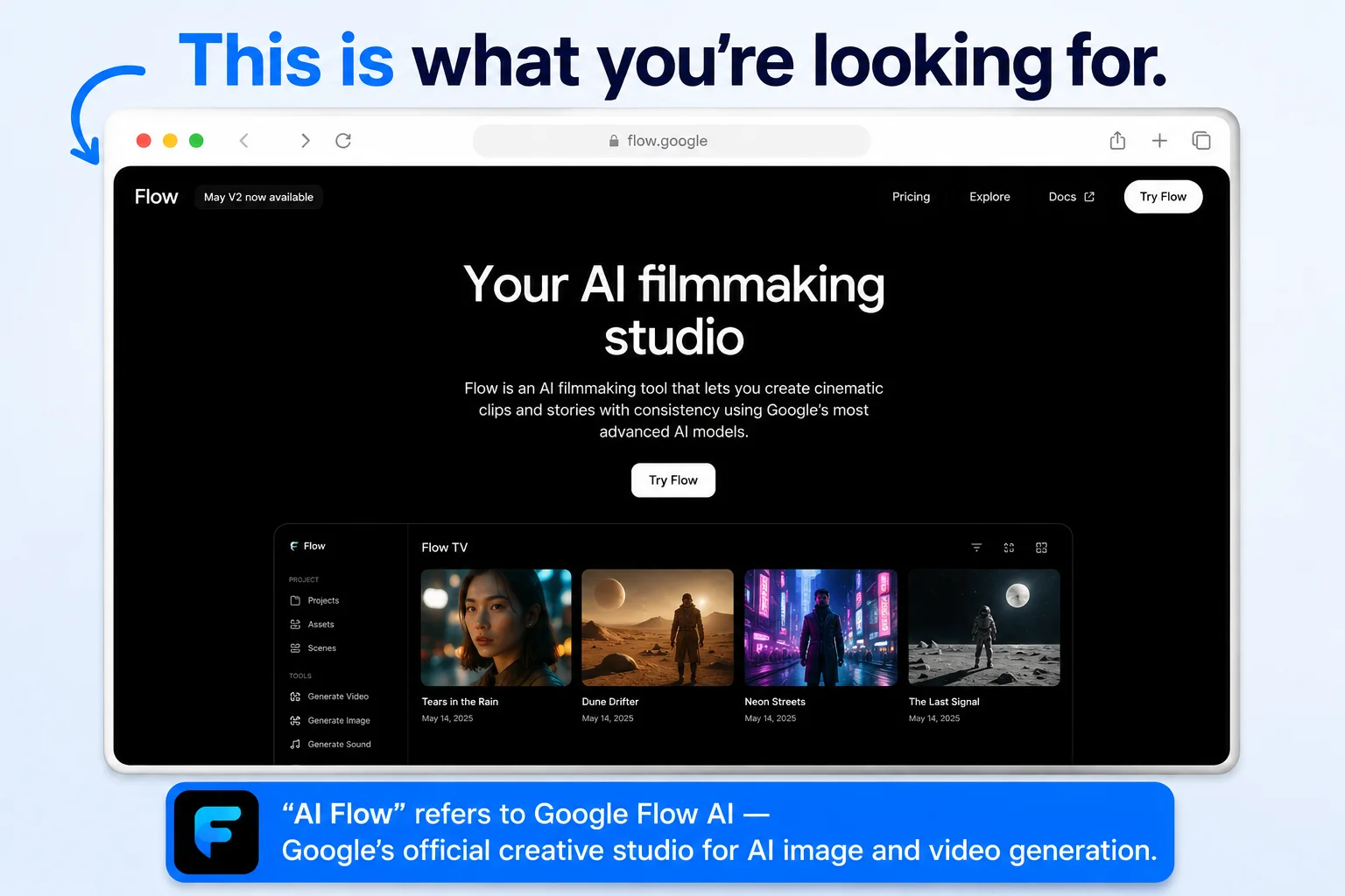 What is AI Flow Google explained 2026 showing the official Google Flow AI logo and interface