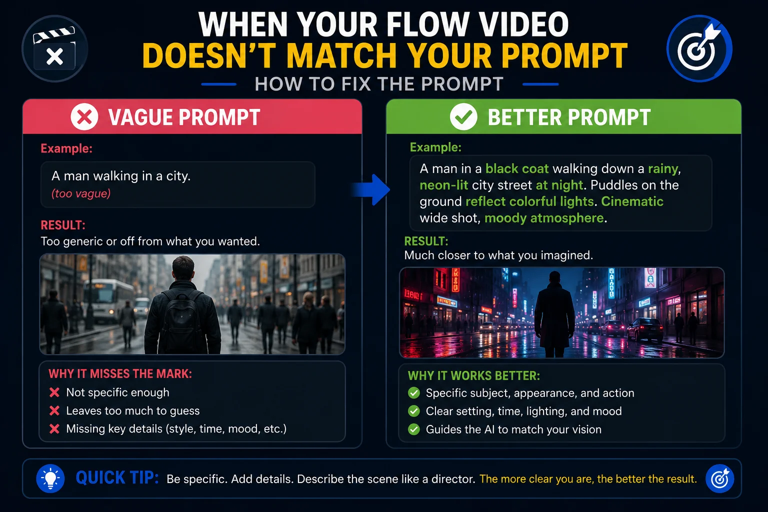 Flow video wrong scene prompt mismatch fix 2026 showing prompt improvement examples