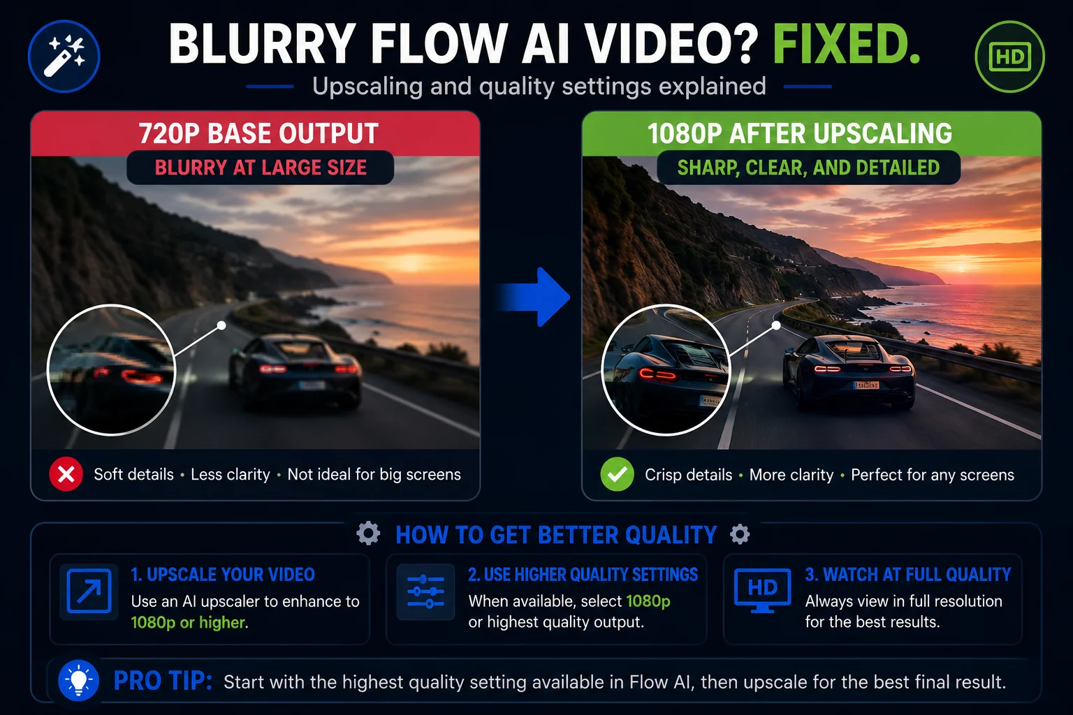 Flow video blurry low quality fix 2026 showing upscaling and quality settings solutions