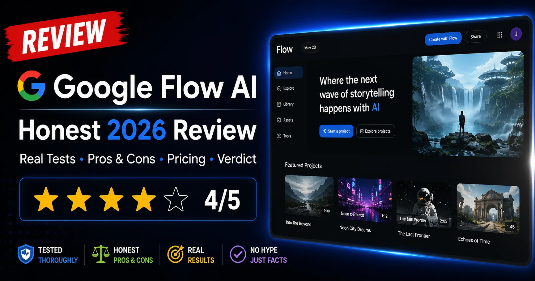 Google Flow AI review 2026 showing honest rating pros cons and real test results
