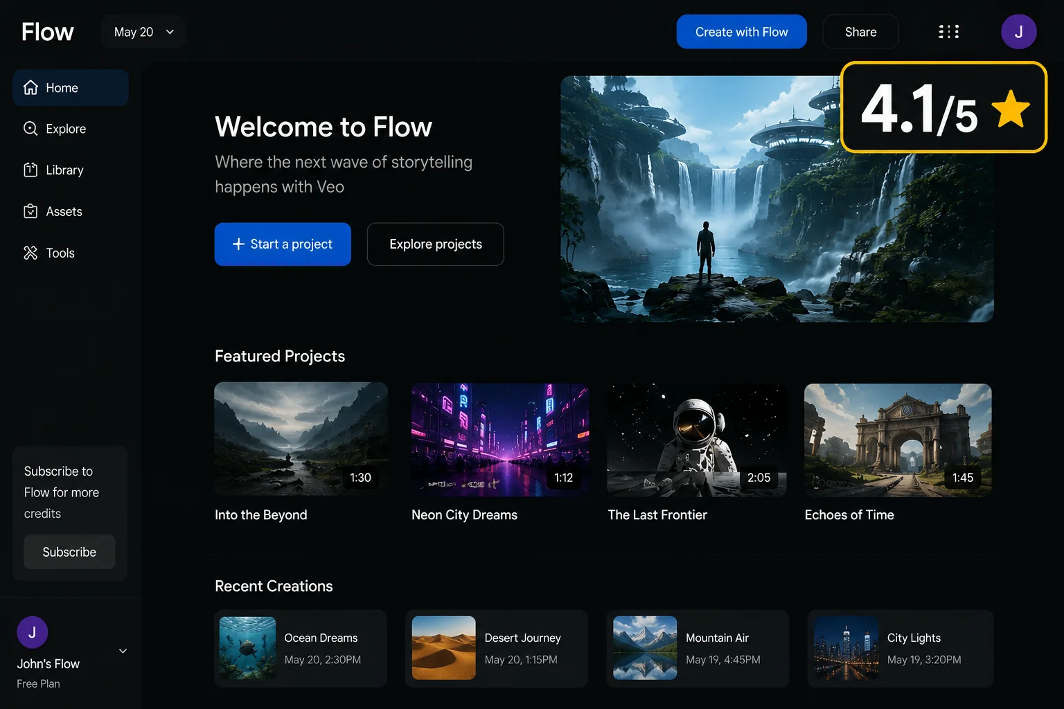 Google Flow AI what it is 2026 review showing the main interface at flow.google