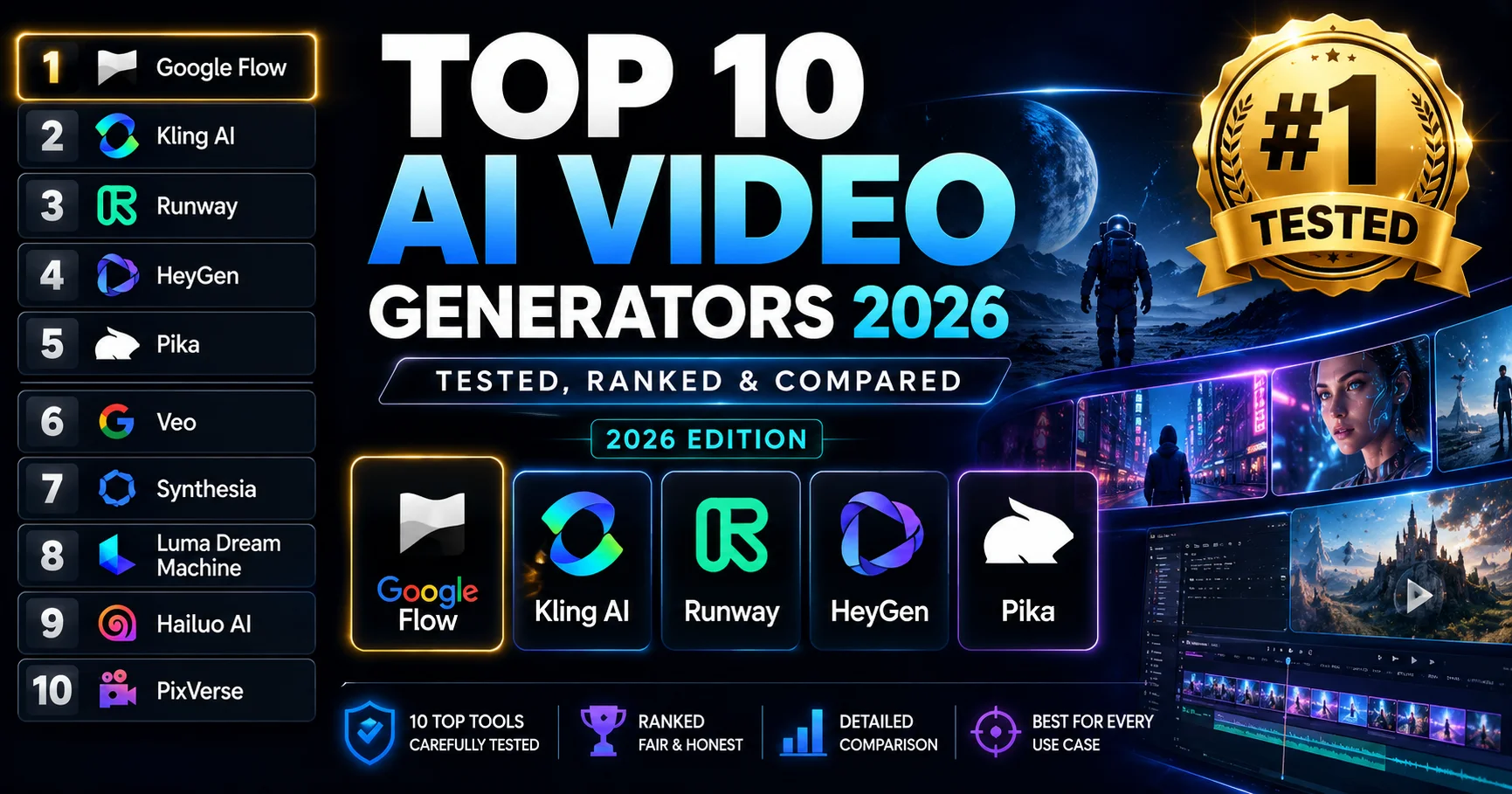 best AI video generator 2026 showing top 10 tools tested and ranked comparison