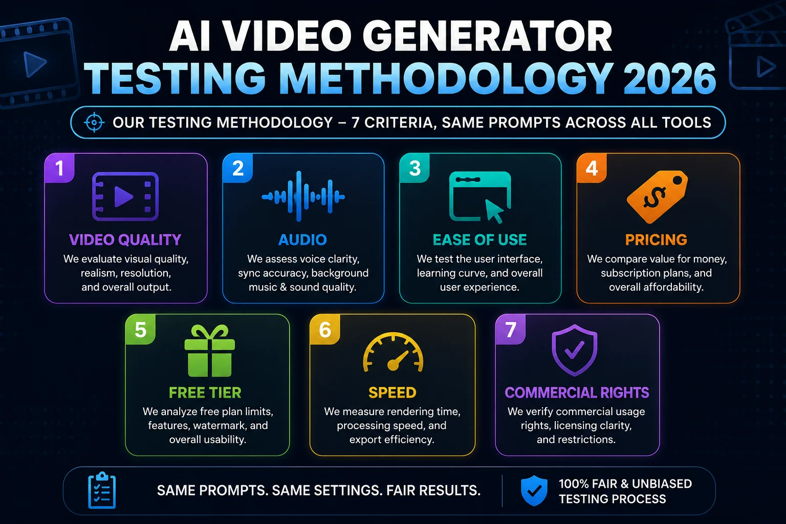 AI video generator testing methodology 2026 showing criteria for ranking tools