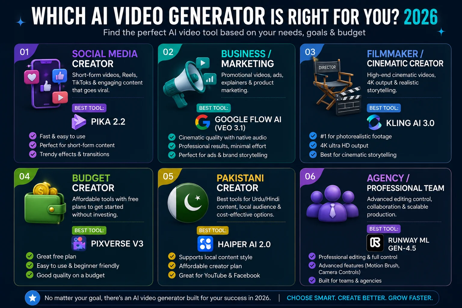 which AI video generator 2026 decision guide showing different creator types and best tool for each