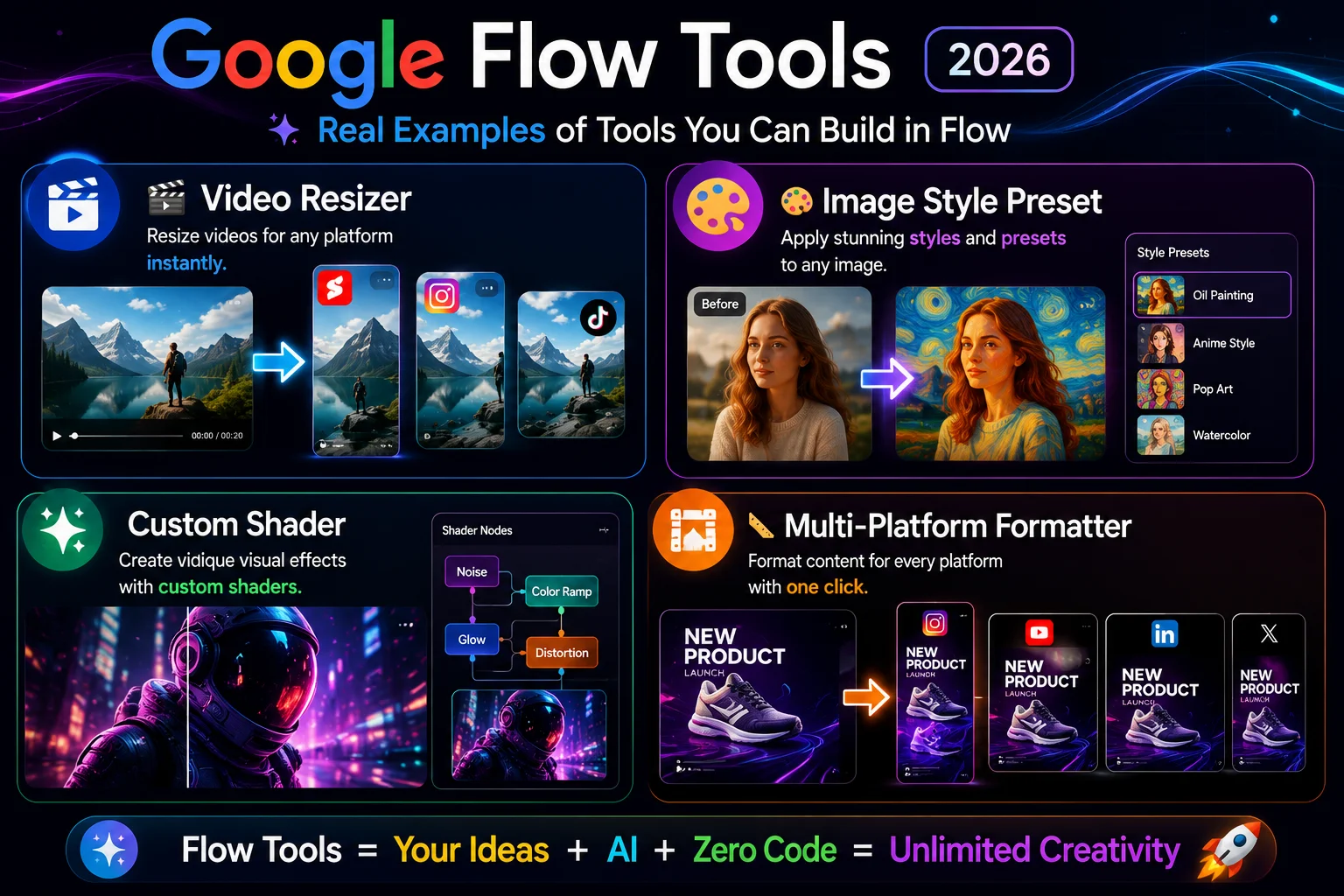 Google Flow Tools examples 2026 showing video resizer image editor and custom shader tools