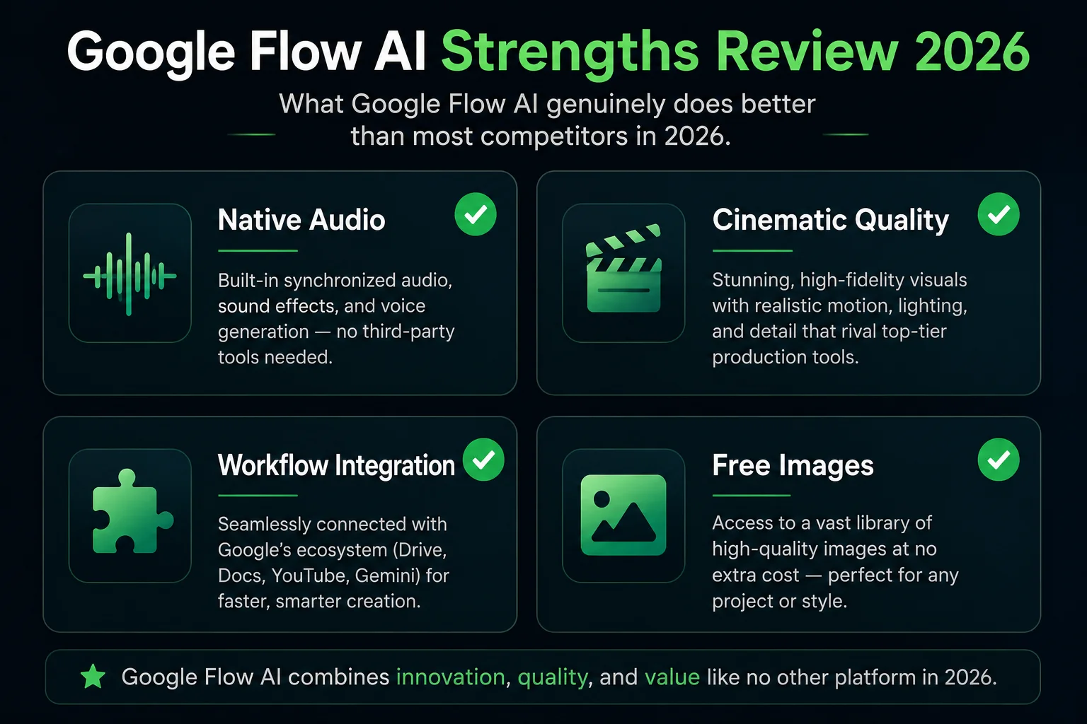 Google Flow AI strengths review 2026 showing best features native audio cinematic quality and workflow